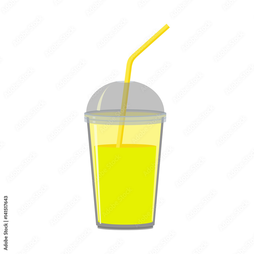 Plastic cup with lid. Fresh lemon juice, coctail. Flat design. Abstract concept. Vector illustration.
