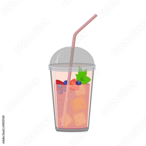 Plastic cup with lid. Fresh berry juice or smoothie with strawberry, bilberry ice and mint. Vector illustration.