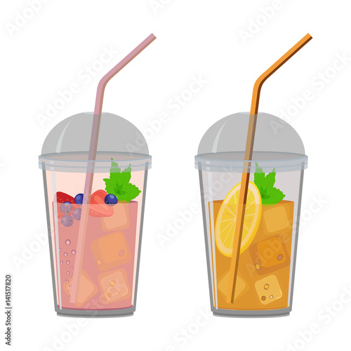 Plastic cup with lid, set. Ice tea and smoothie or fresh berry juice with ice, lemon and mint. Vector illustration.