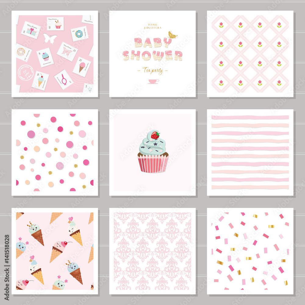 Cute card templates and seamless patterns set for girls. For birthday, wedding, baby shower design.