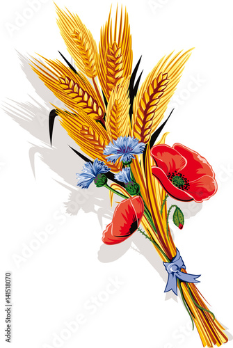 Bunch of ears of wheat and poppy flowers and cornflower.