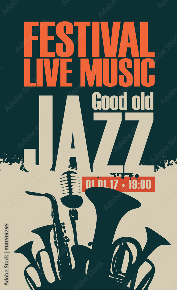 Naklejka premium poster for the jazz festival with saxophone, wind instruments and a microphone