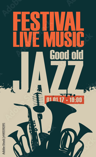 poster for the jazz festival with saxophone, wind instruments and a microphone