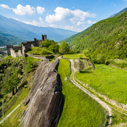 Grosio - Valtellina (IT) - Castello Nuovo e San Faustino - Parco delle incisioni Rupestri - vista aerea  photo