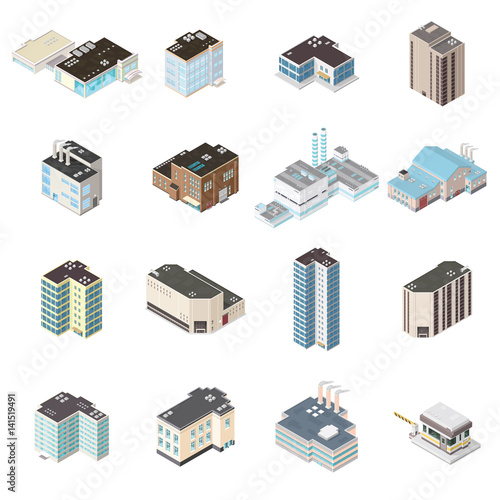 Isometric City Map Buildings.

A set of isometric urban city icon illustrations. Including, shopping malls, accommodation and industrial buildings.