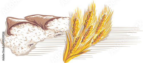 of wheat flour bags and a bunch of ripe ears