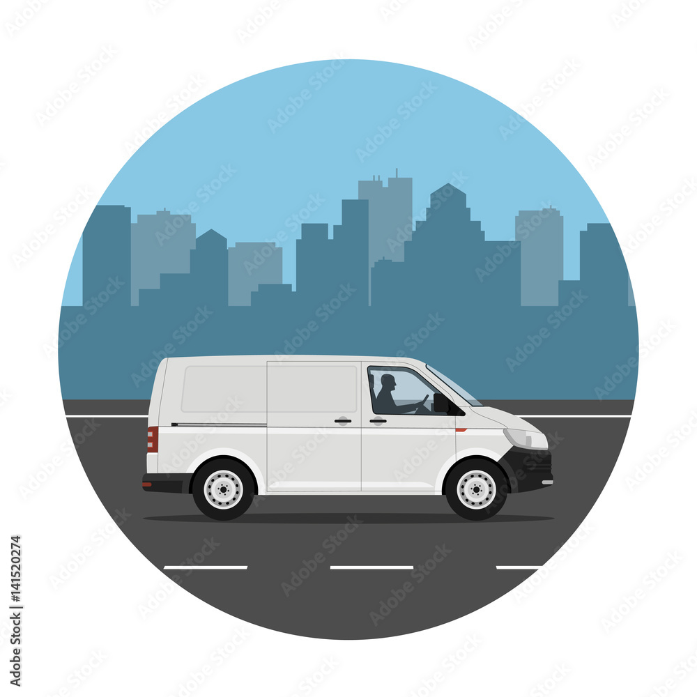 Van on the road over city background. Vector illustration. Flat design, without gradients.