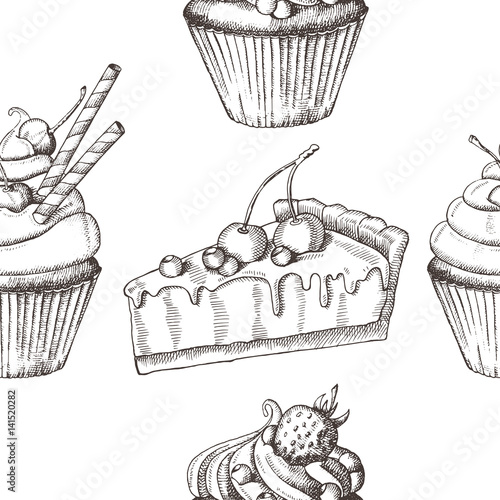 Seamless background with hand drawn sweet bakery. Cupcakes and pie. Desert design. Sketch. 