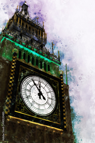 Digital painting of  Big Ben clock, watercolor style.