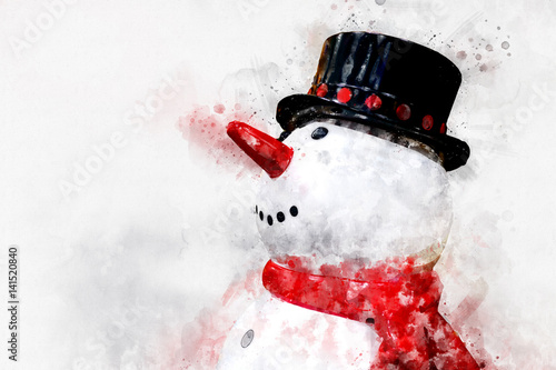 Digital painting of smiley snowman, watercolor style photo