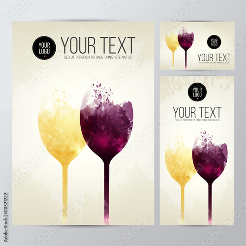wine glasses with background stains. Promotion cards and banners