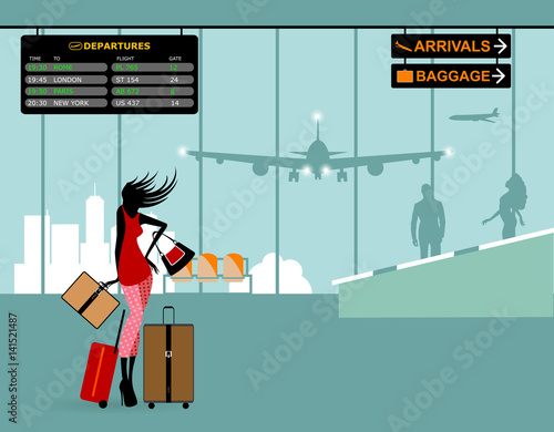 Aeroporto, donna con valigia nella sala d'attesa. Scala mobile con passeggeri in arrivo photo