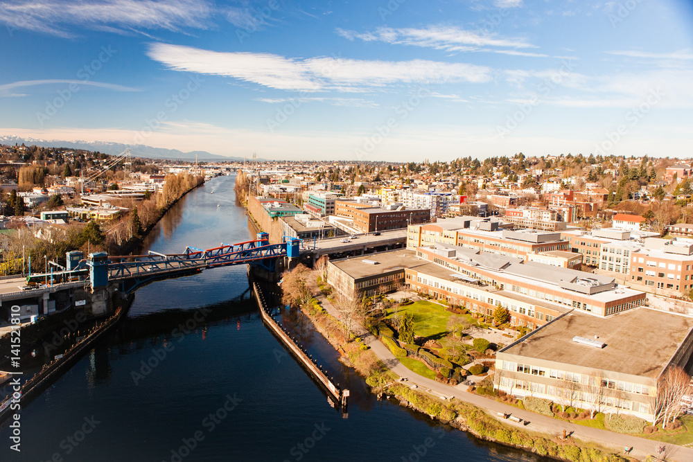 Looking down at the Fremont Bridge on a clear day