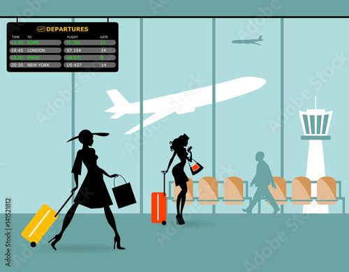 Terminal passeggeri in aeroporto e sala d'attesa. Arrivi e partenze internazionali. Silhouette di bella hostess e signora che cammina