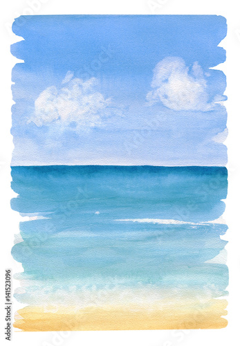 Watercolor painting the background of sea view with jagged edges and brush marks. Sea sand beach under blue sky with clouds. © Irina Violet