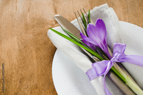 Fototapeta Naklejka Na Ścianę i Meble -  Spring Festive Table Setting With Fresh Flower.