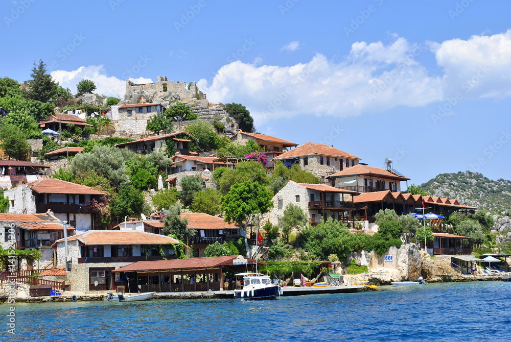 Cafes, hotels and restaurants located on an island in the Turkish resort
