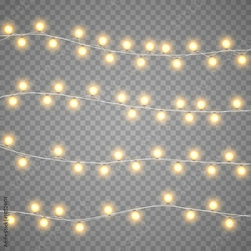 Christmas garlands isolation on transparent background. Xmas realistic overlay lights card. Holidays decorations bright lamps. Vector gloving garland illustration.
