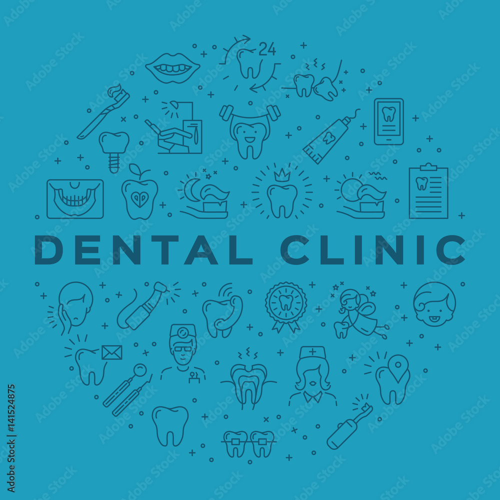 Dental clinic circle infographics Stomatology Dental care outline icons. Dentistry vector flat illustration