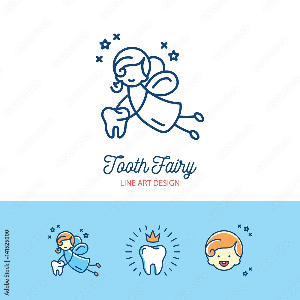 Fototapeta Tooth Fairy logo Сhildren's dentistry thin line art icons