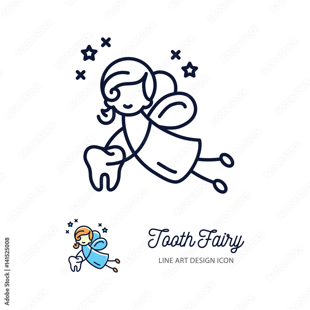 Tooth Fairy thin line art icons, Сhildren's dentistry logo Tooth Fairy thin line art icons, Сhildren's dentistry logo