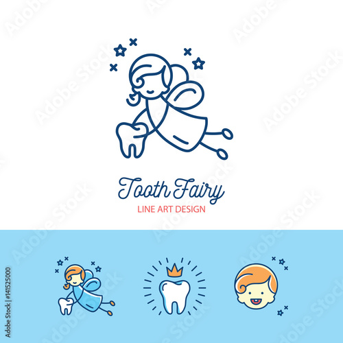 Tooth Fairy logo Сhildren's dentistry thin line art icons