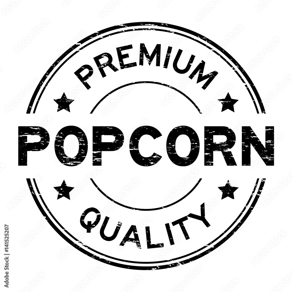 Grunge black premium quality popcorn round rubber seal stamp on white background