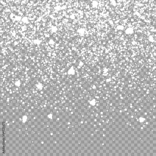 Isolated Christmas falling snow overlay on transparent background. Snowflakes storm layer. Snow pattern for design. Snowfall backdrop texture. Vector snow illustration eps10