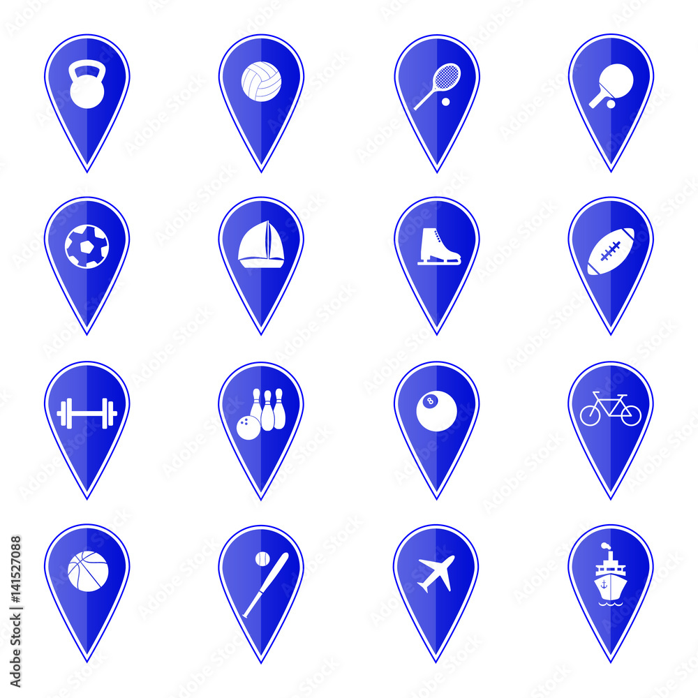 Set of blue map pointers with sport icons. Vector illustration Set of blue map pointers with sport icons. Vector illustration