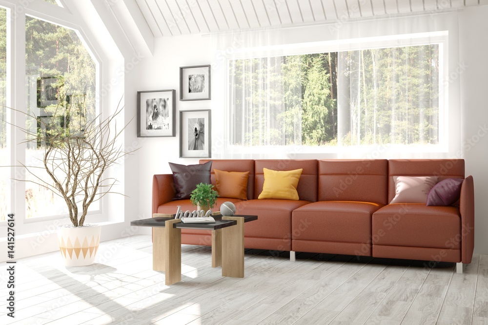 Fototapeta premium White room with sofa and green landscape in window. Scandinavian interior design. 3D illustration