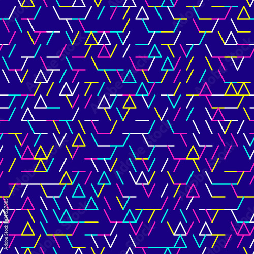 Abstract geometric pattern. Bright neon colors. Memphis style pattern. Seamless vector pattern. Vector illustration.