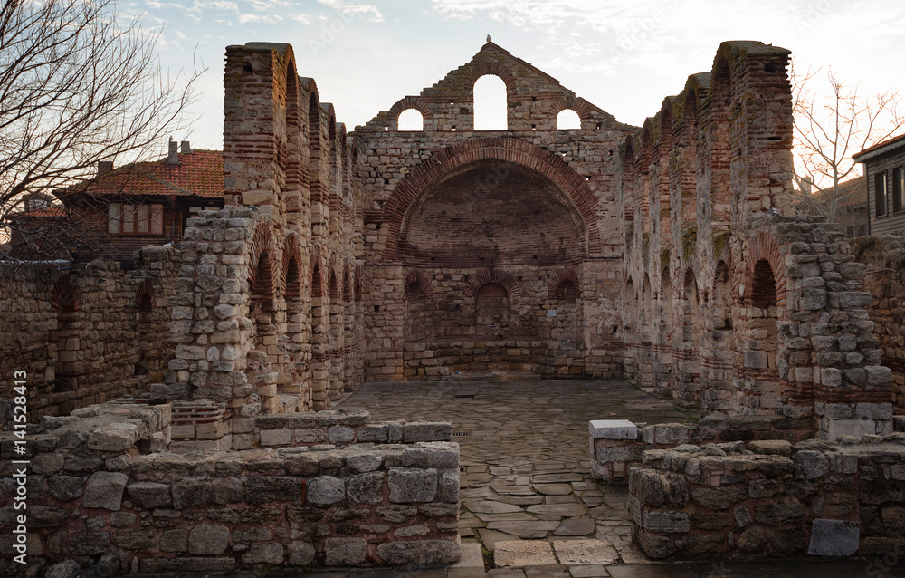 Ruined Saint Sofia Church in Nesebar, Bulgaria. Nesebar is an ancient town and one of the major seaside resorts on the Bulgarian Black Sea Coast.