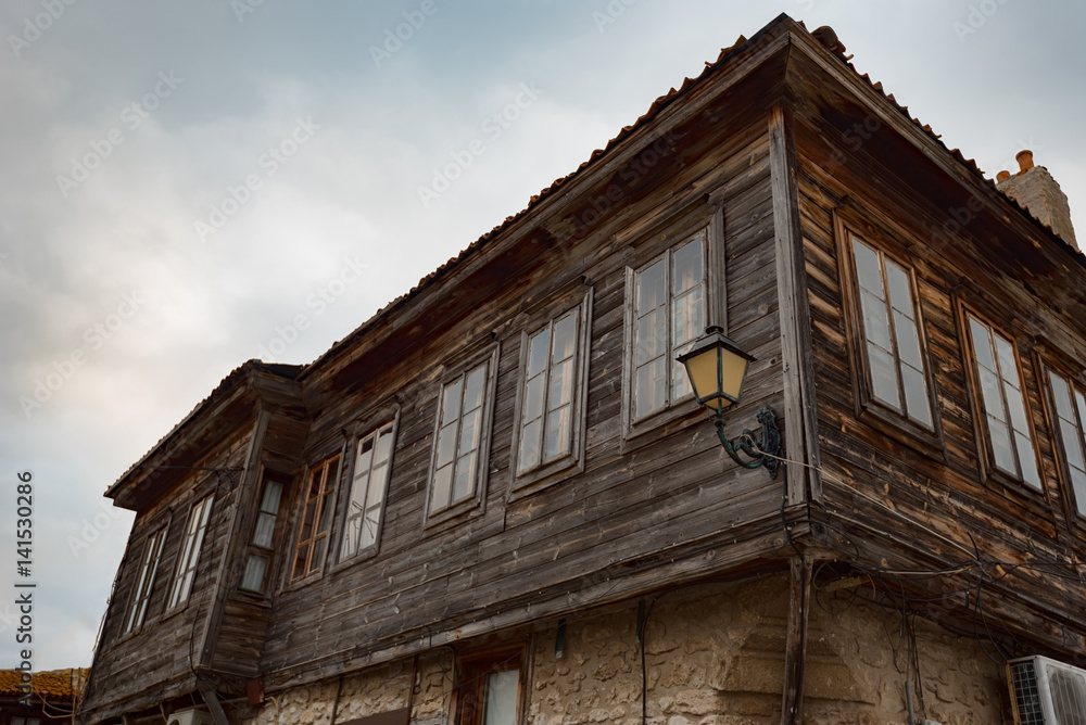 Old Bulgarian houses in the town of Nesebar, Bulgaria. In 1956 Nesebar was declared as museum city, archaeological and architectural reservation by UNESCO.