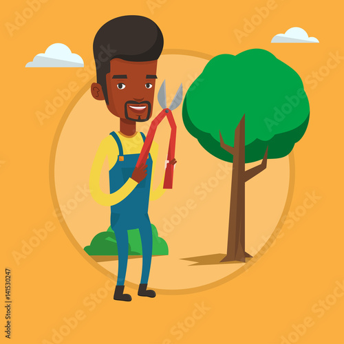 Farmer with pruner in garden vector illustration.