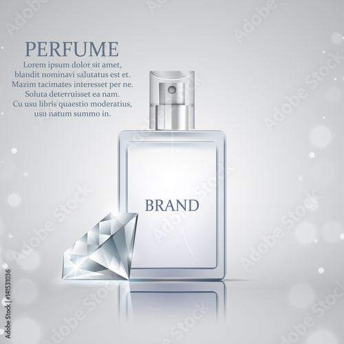 Realistic glass perfume bottle with shiny diamond on abstract background, vector illustration