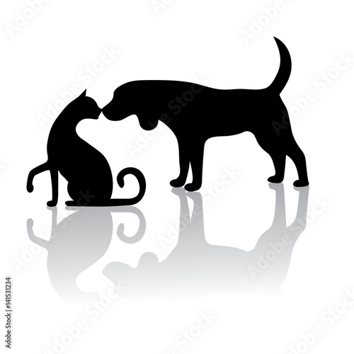 Dog and cat touching noses silhouette. Large group of sitting and standing dog silhouettes. EPS 10 vector.