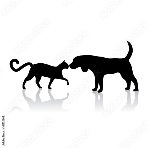 Dog and cat touching noses silhouette. EPS 10 vector.