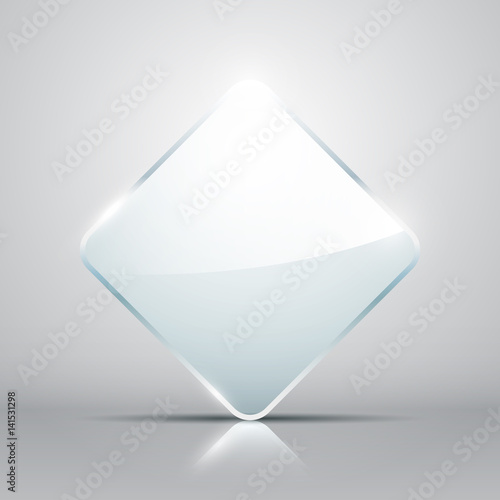 Transparent square glass banner on grey background, vector illustration