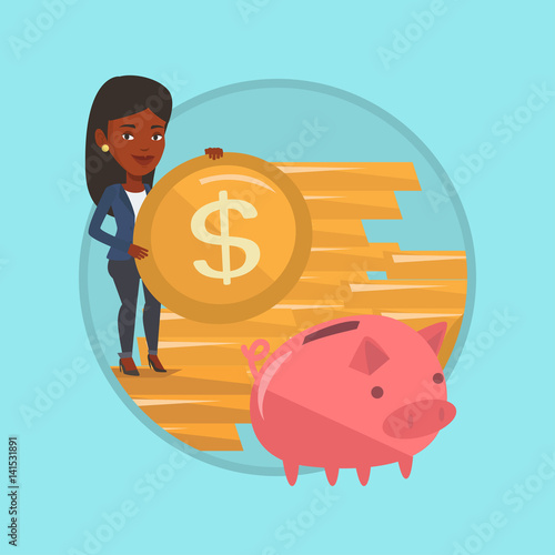 Business woman putting coin in piggy bank.