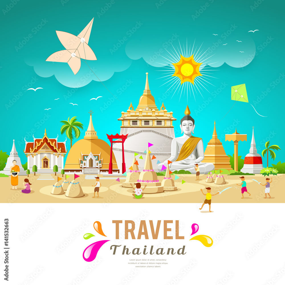 Obraz premium Thailand travel building and landmark in songkran festival summer design background, vector illustration
