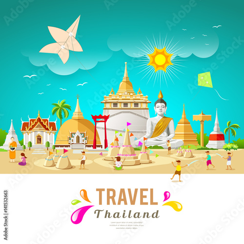 Thailand travel building and landmark in songkran festival summer design background, vector illustration