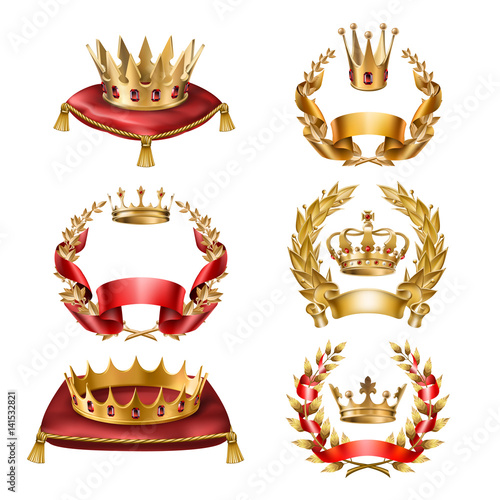 Set of vector icons of royal golden crowns and laurel wreaths isolated on white. Collection of crown awards for winners of competitions, design elements for a label, certificate, diploma