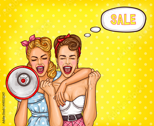 Vector pop art illustration of two enthusiastic sexy women screaming about a sale. An excellent advertising poster for the announcement of discounts and sales in the style of pop art
