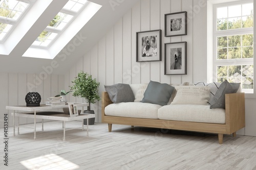 White room with sofa and green landscape in window. Scandinavian interior design. 3D illustration