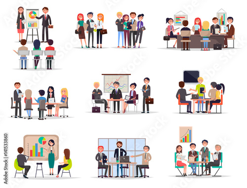 Set of Business Meeting in Cartoon Style Flat