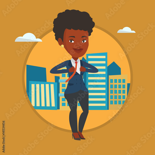 Business woman opening her jacket like superhero.