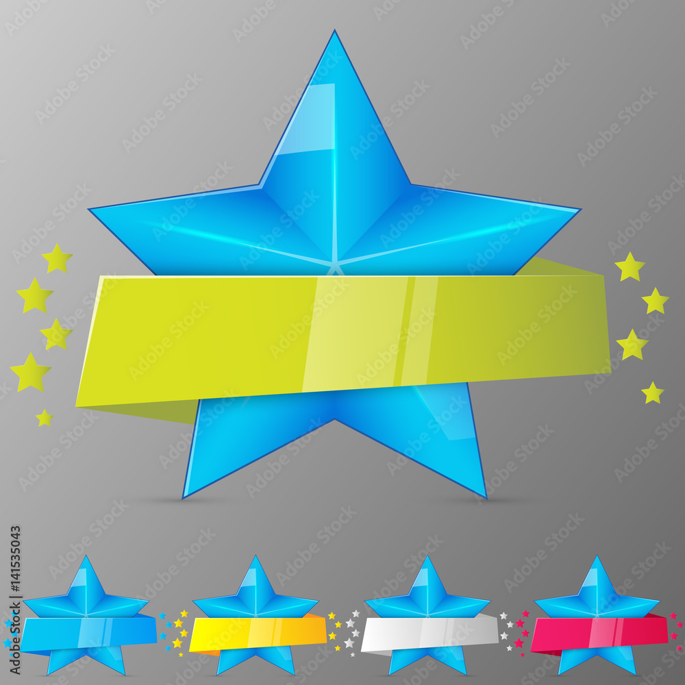 Set of blue stars with ribbons. Collection for game, banner, app, ui. Vector illustration.