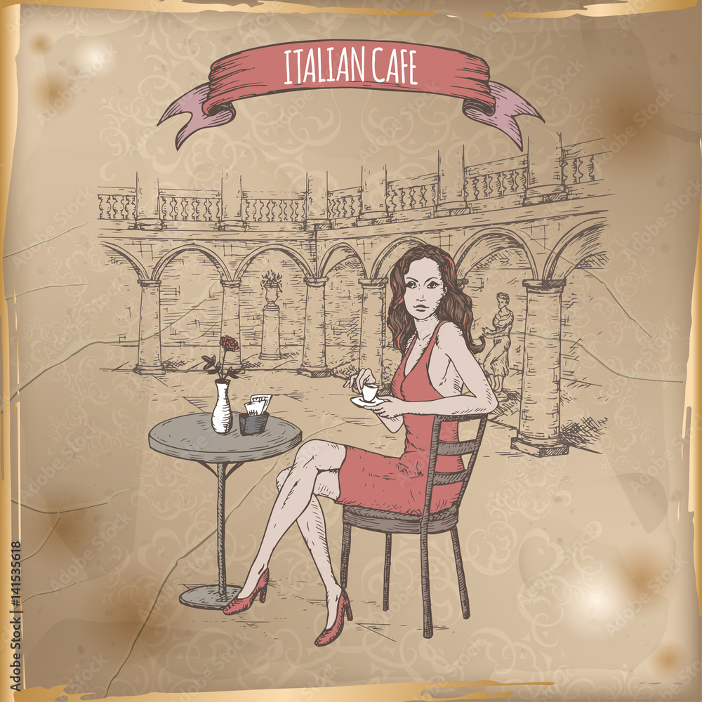 Italian street cafe with girl drinking coffee hand drawn sketch.