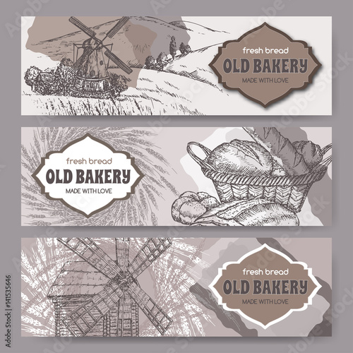Three original bakery label templates with windmills, wheat and bread