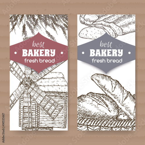Two bakery label templates with wooden windmill, wheat and bread on white